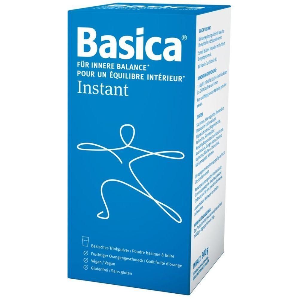 Blaue Verpackung mit weißem Logo und Schriftzug Basica. Text: Instant, für innere Balance. Enthält ein stilisiertes menschliches Symbol.