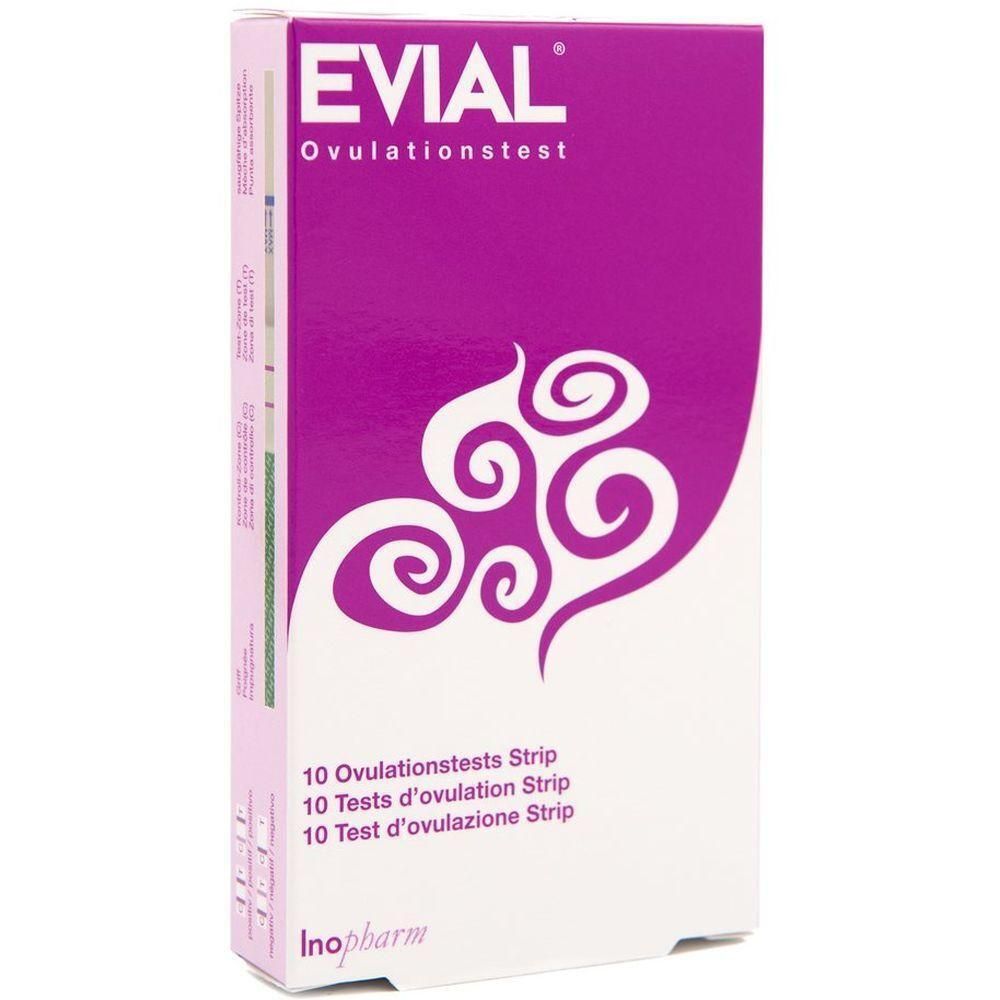 Verpackung mit lila Akzenten. Oben steht "EVIAL Ovulationstest". Darunter ein weißes Muster. Aufgedruckt: "10 Ovulationstests Strip".
