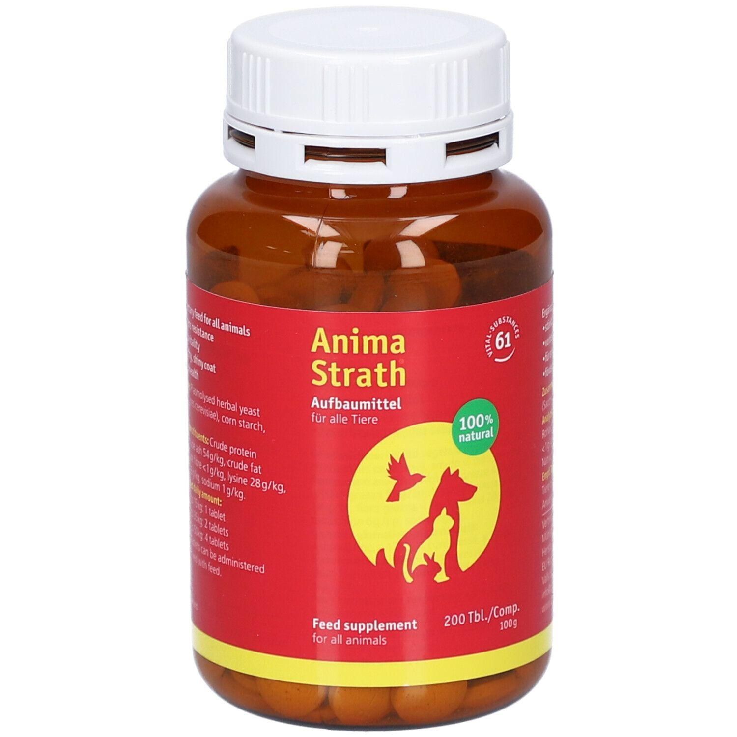Braune Tabletten in einer braunen Plastikflasche mit weißem Deckel. Rotes Etikett mit Text: Anima Strath, Aufbaumittel für alle Tiere. 100% natural.