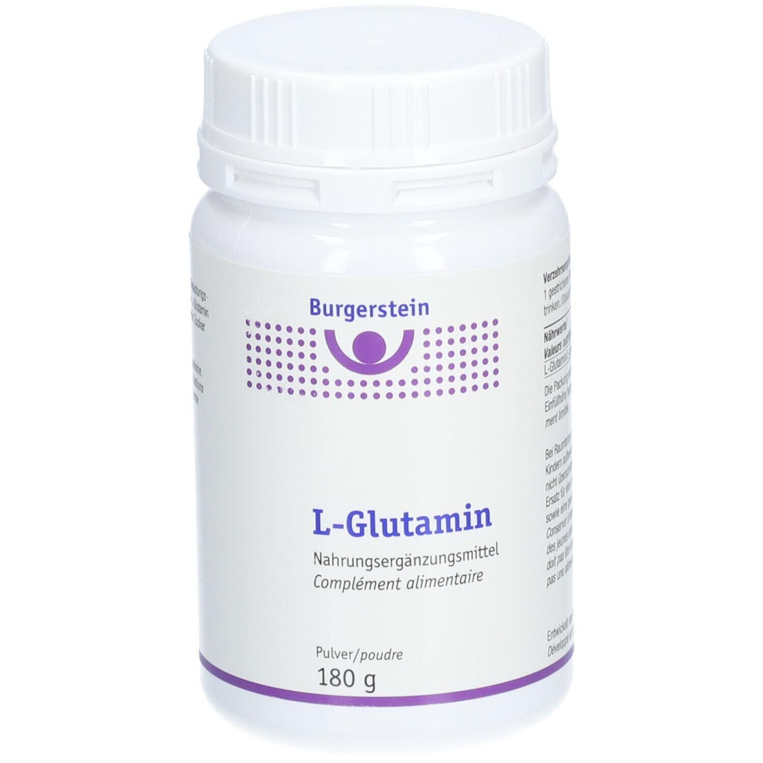 Weiße Dose mit Schraubverschluss. Aufschrift Burgerstein, L-Glutamin, Nahrungsergänzungsmittel. 180 g.