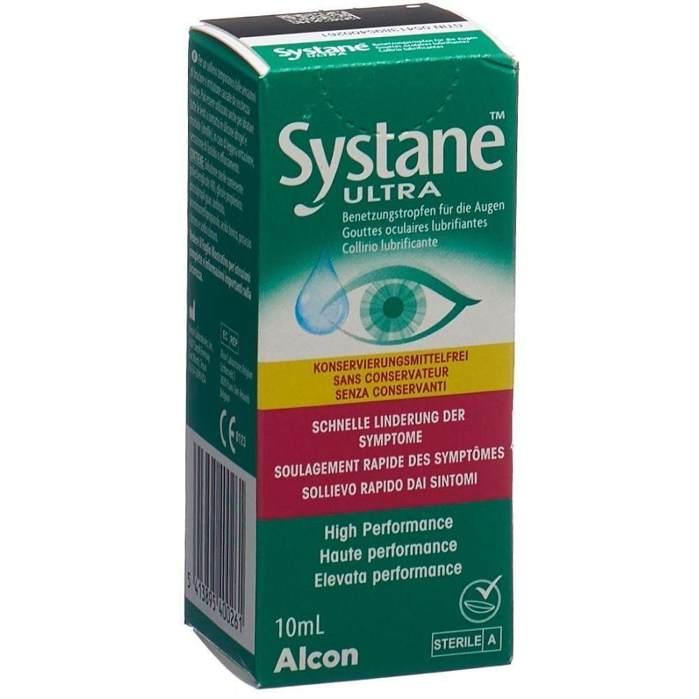 Boîte verte Systane Ultra. Contient des gouttes oculaires. Texte en allemand, français, italien. 10 ml, Alcon.