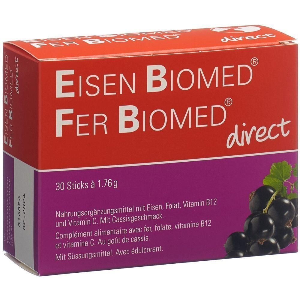 Schachtel mit "Eisen Biomed Fer Biomed direct". Enthält 30 Sticks. Text in Deutsch und Französisch. Abbildung von Johannisbeeren.