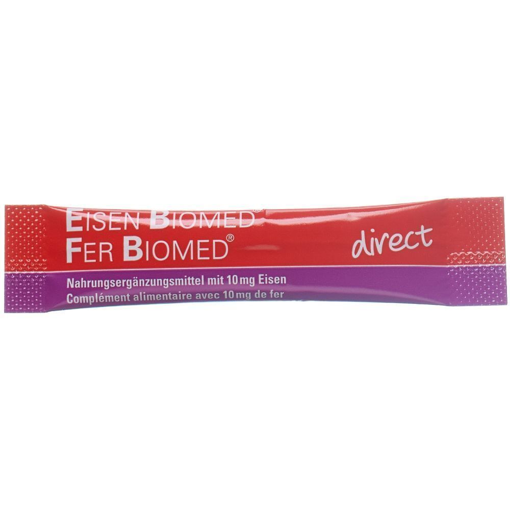 Einzelner Stick "Eisen Biomed Fer Biomed direct". Text in Deutsch und Französisch. Rote und violette Farbgebung.