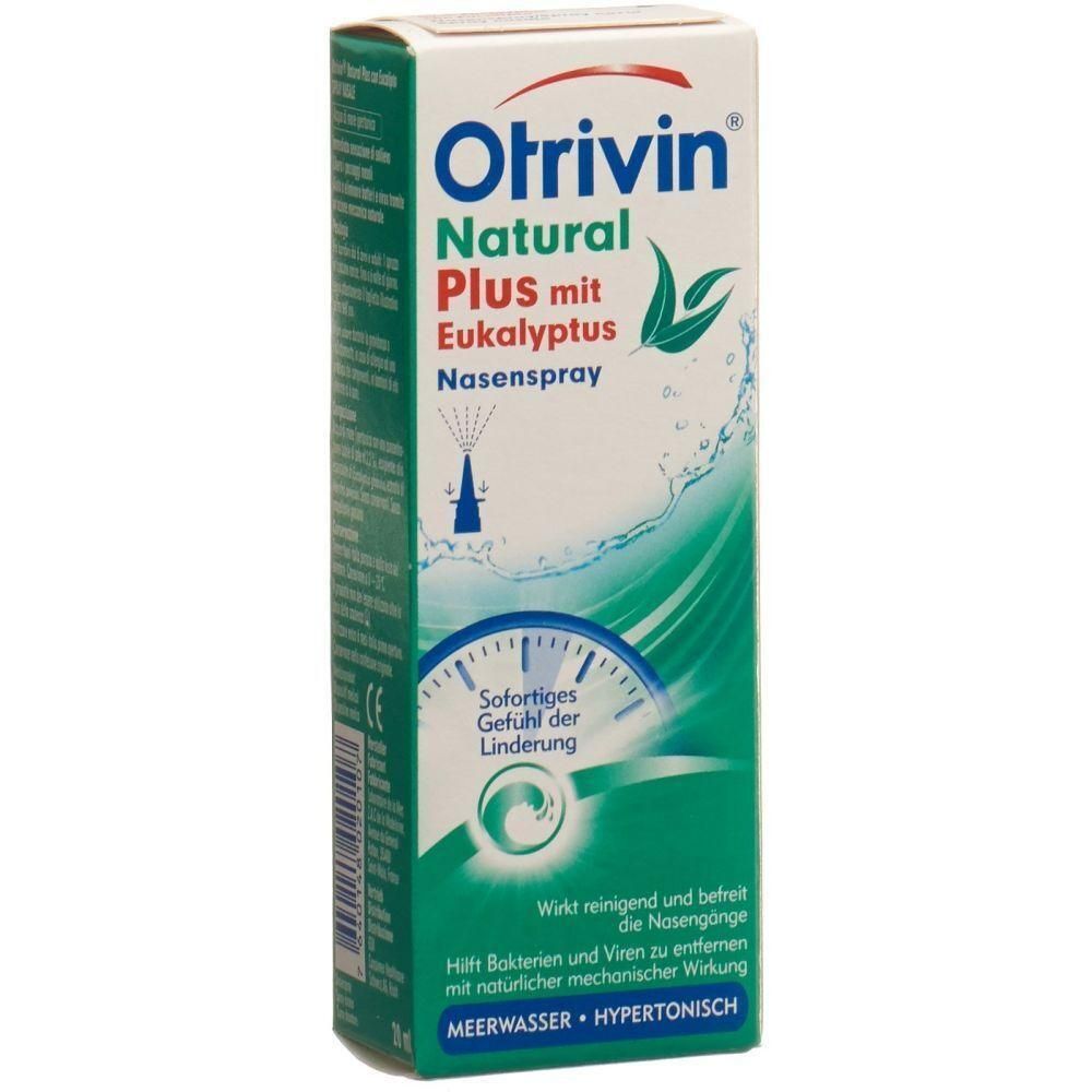 Emballage de spray nasal Otrivin Natural à l'eucalyptus. Boîte verte et blanche avec nom du produit et illustrations. Contient de l'eau de mer.