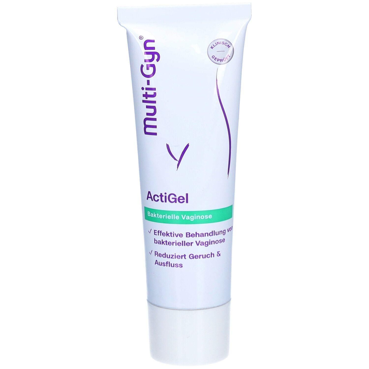 Tube blanche avec texte violet Multi-Gyn et ActiGel. Zone verte avec texte. Sceau "cliniquement prouvé".