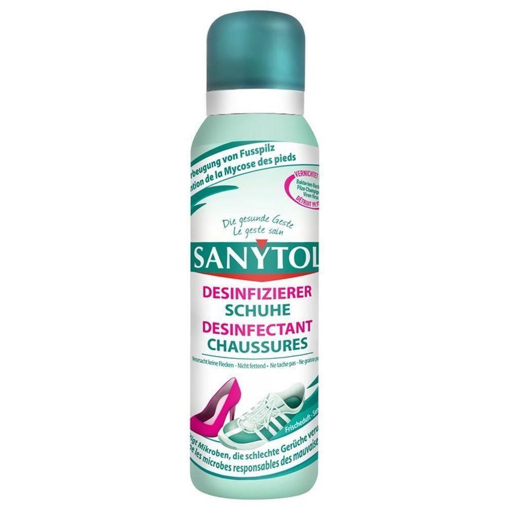 SANYTOL Schuh-Desinfektionsmittel-Spray. Zylindrische Flasche mit blauem Deckel. Produktbezeichnung und Schuh-Illustrationen.