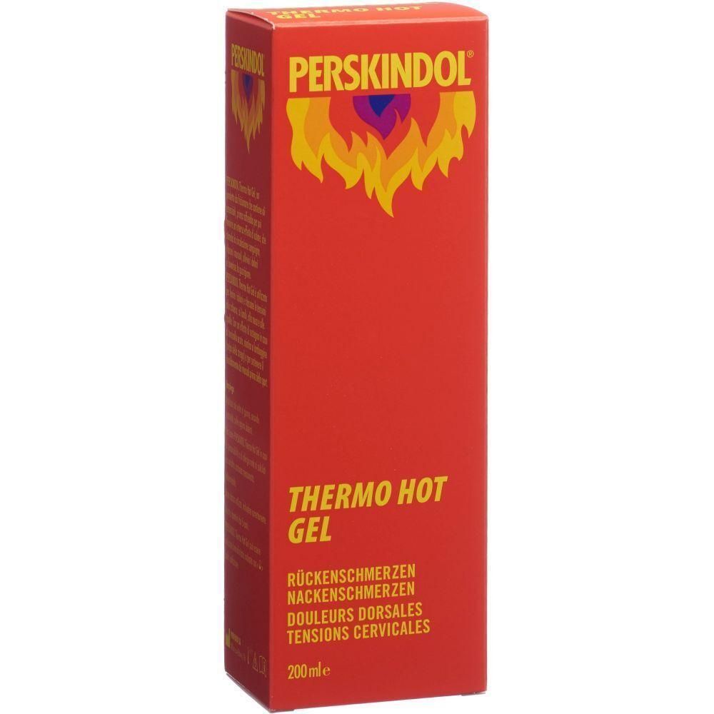 Rote Verpackung mit gelbem Logo und Schriftzug PERSKINDOL. Text: Thermo Hot Gel, Rückenschmerzen, Nackenschmerzen, Douleurs dorsales, Tensions cervicales.