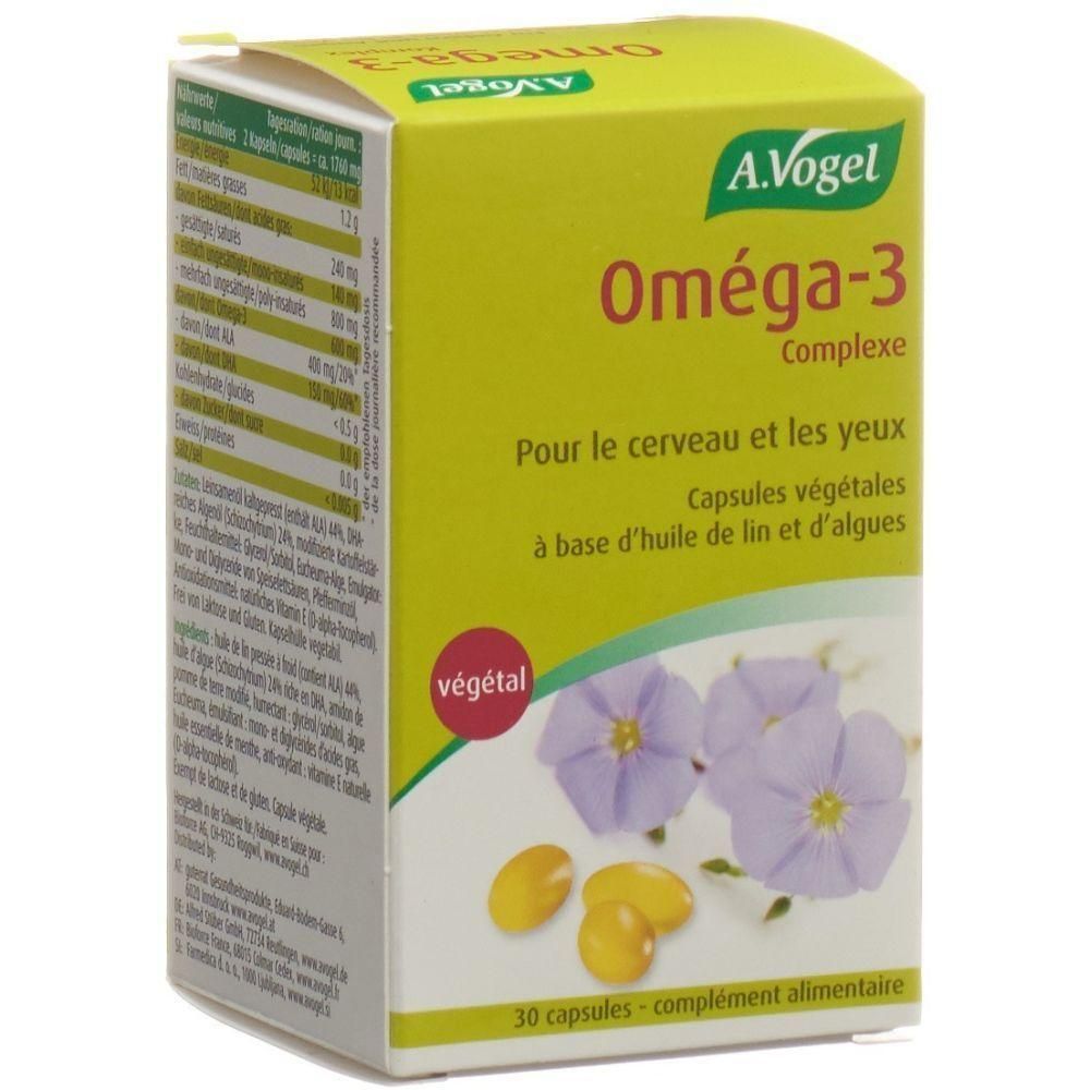 Gelbe Schachtel mit Produktnamen Oméga-3 Complex. Enthält 30 Kapseln. Mit Abbildung von Blüten und Samen.