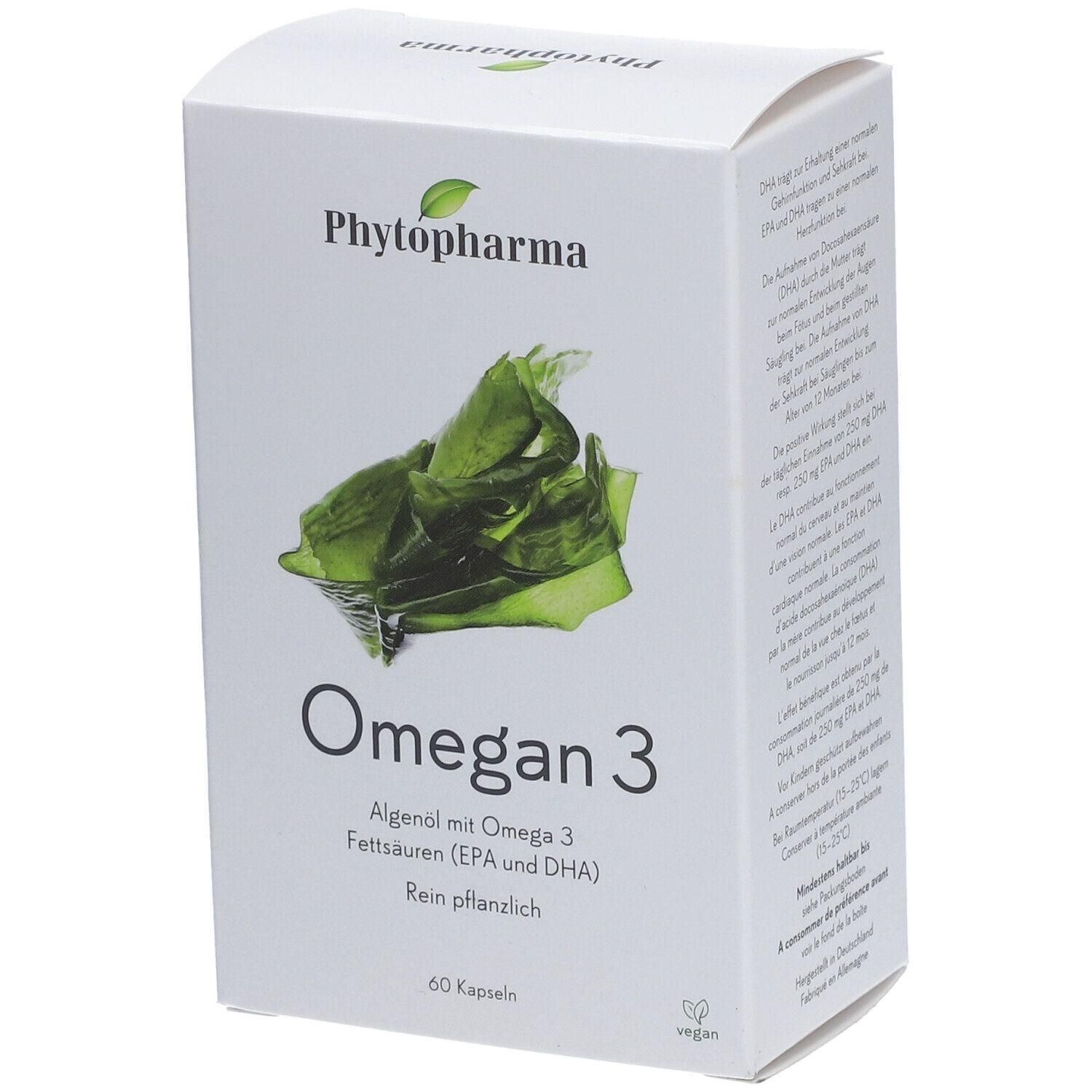 Weiße Schachtel mit „Phytopharma“ und „Omegan 3“ Aufdruck. Enthält Algenöl mit Omega 3 Fettsäuren. 60 Kapseln. Vegan.