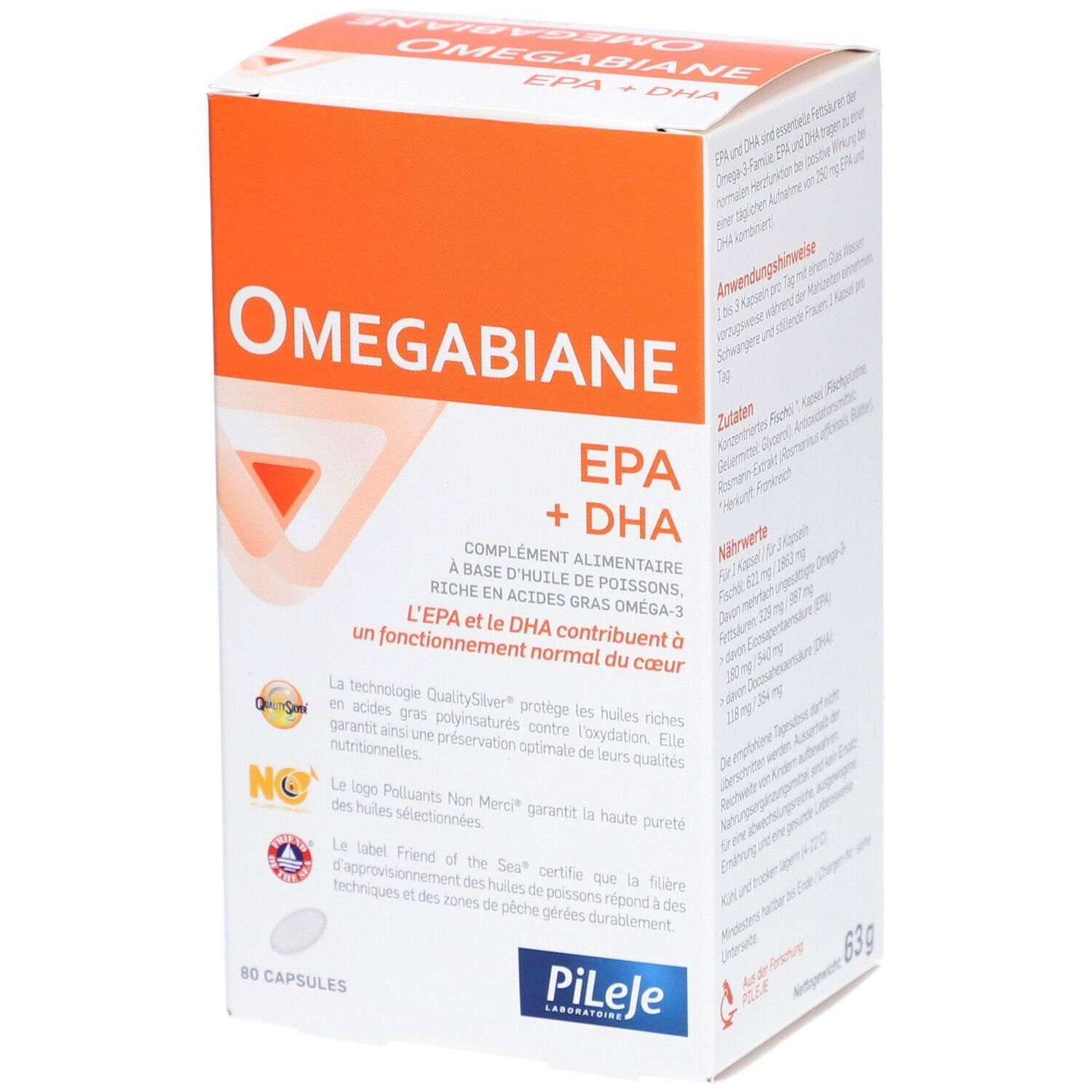 Boîte Omegabiane EPA + DHA. Design orange et blanc, nom du produit et indication EPA + DHA. Contient 60 capsules, 63g.