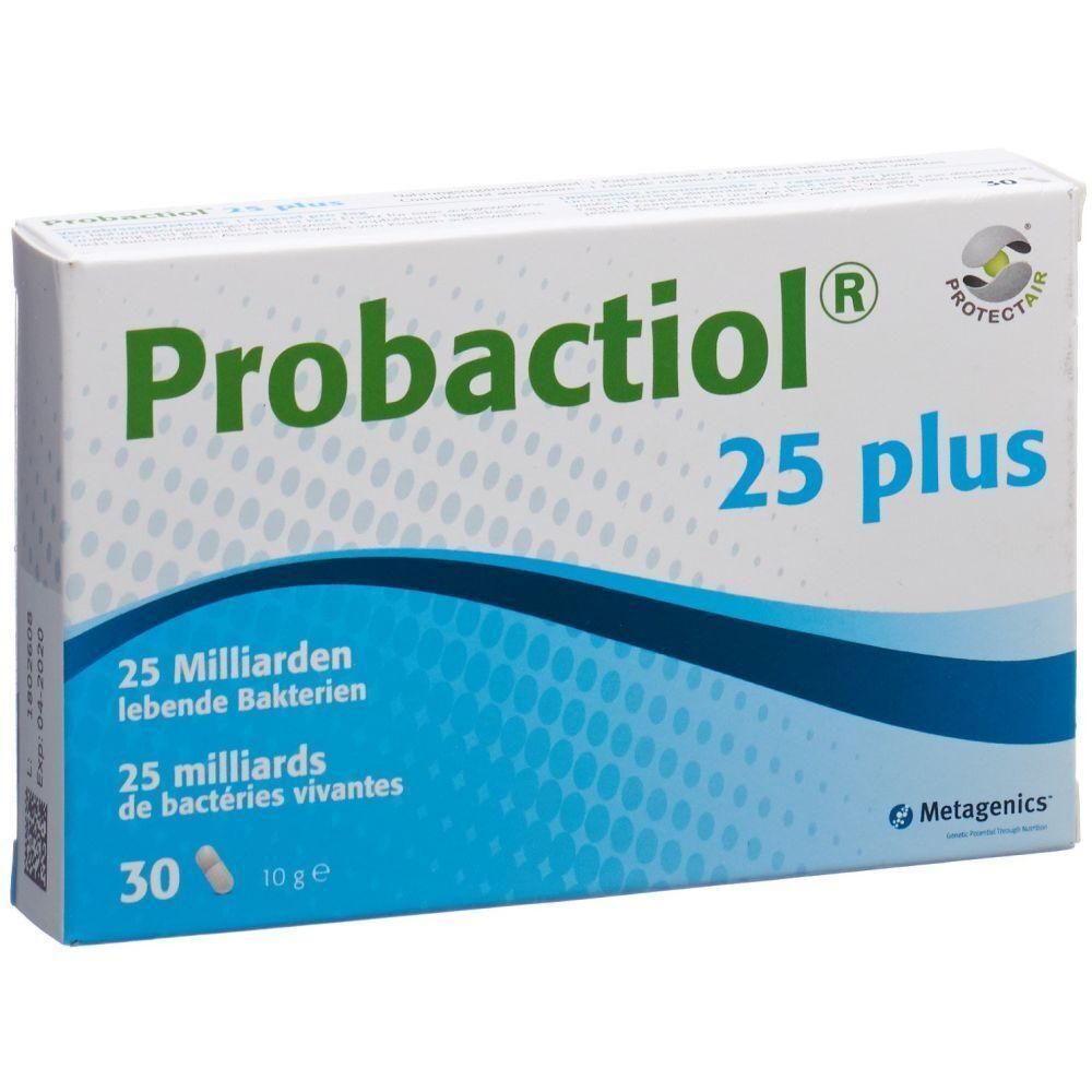 Karton mit der Aufschrift Probactiol 25 plus. Enthält 30 Kapseln. Aufschrift: 25 Milliarden lebende Bakterien. Marke: Metagenics.