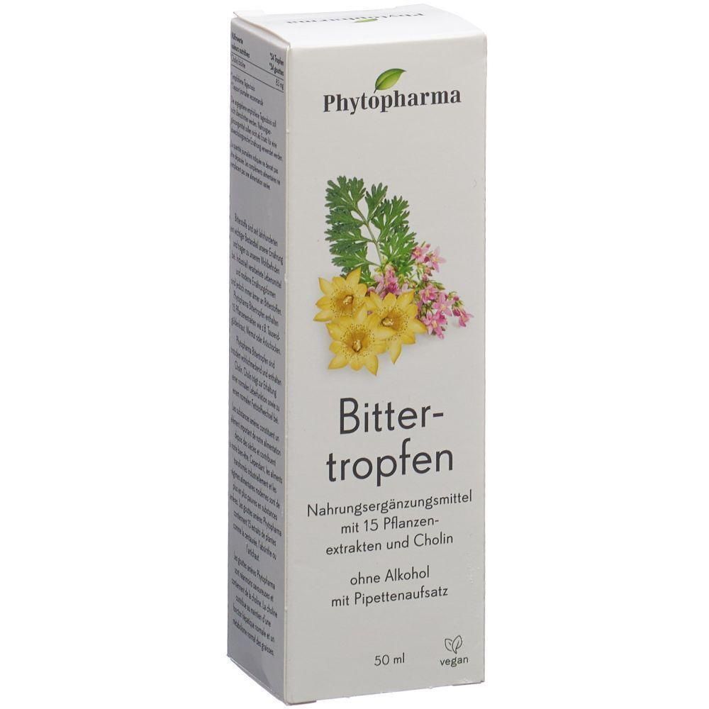 Boîte blanche avec nom du produit et illustration florale. Texte: Bittertropfen, complément alimentaire, sans alcool, avec compte-gouttes.