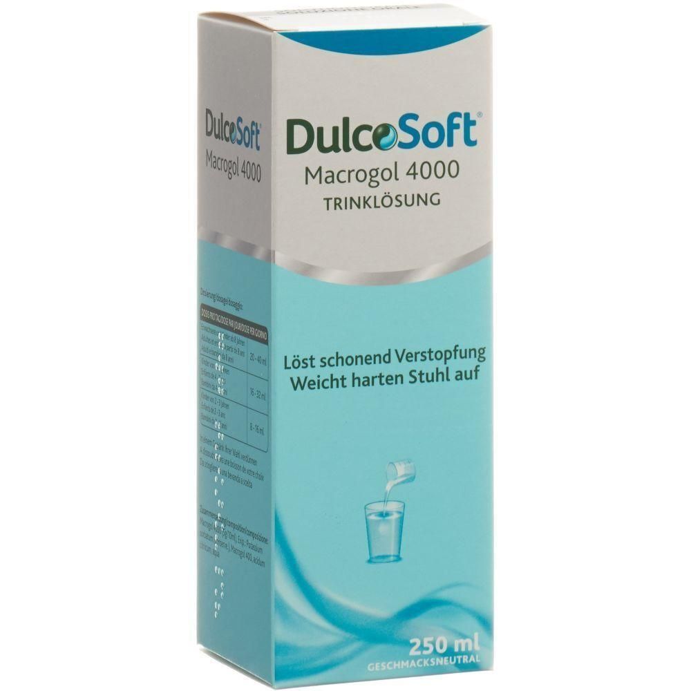 Verpackung von DulceSoft, Trinklösung. Weiß, hellblau. Schriftzug: DulceSoft, Macrogol 4000, Trinklösung. 250 ml.