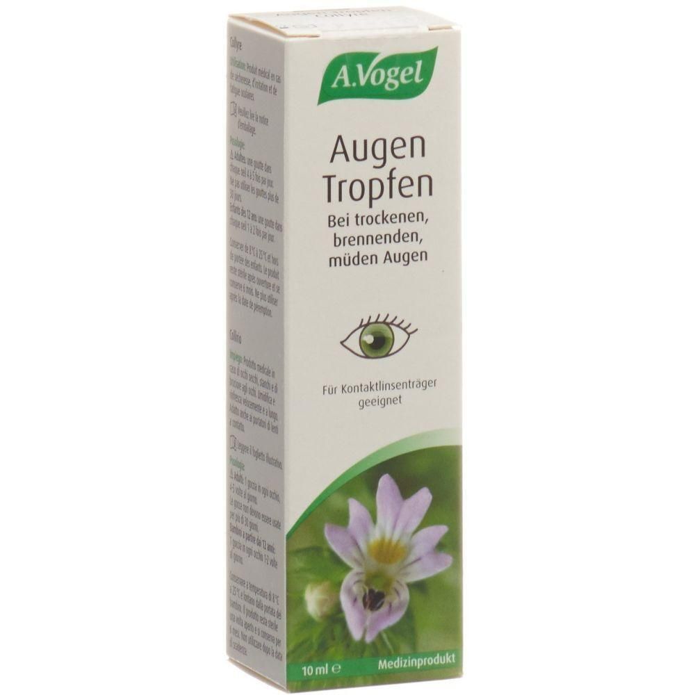 Kartonverpackung mit Produktnamen und Marke. Text: Augen Tropfen. Für trockene, brennende, müde Augen. Für Kontaktlinsenträger geeignet. 10 ml.