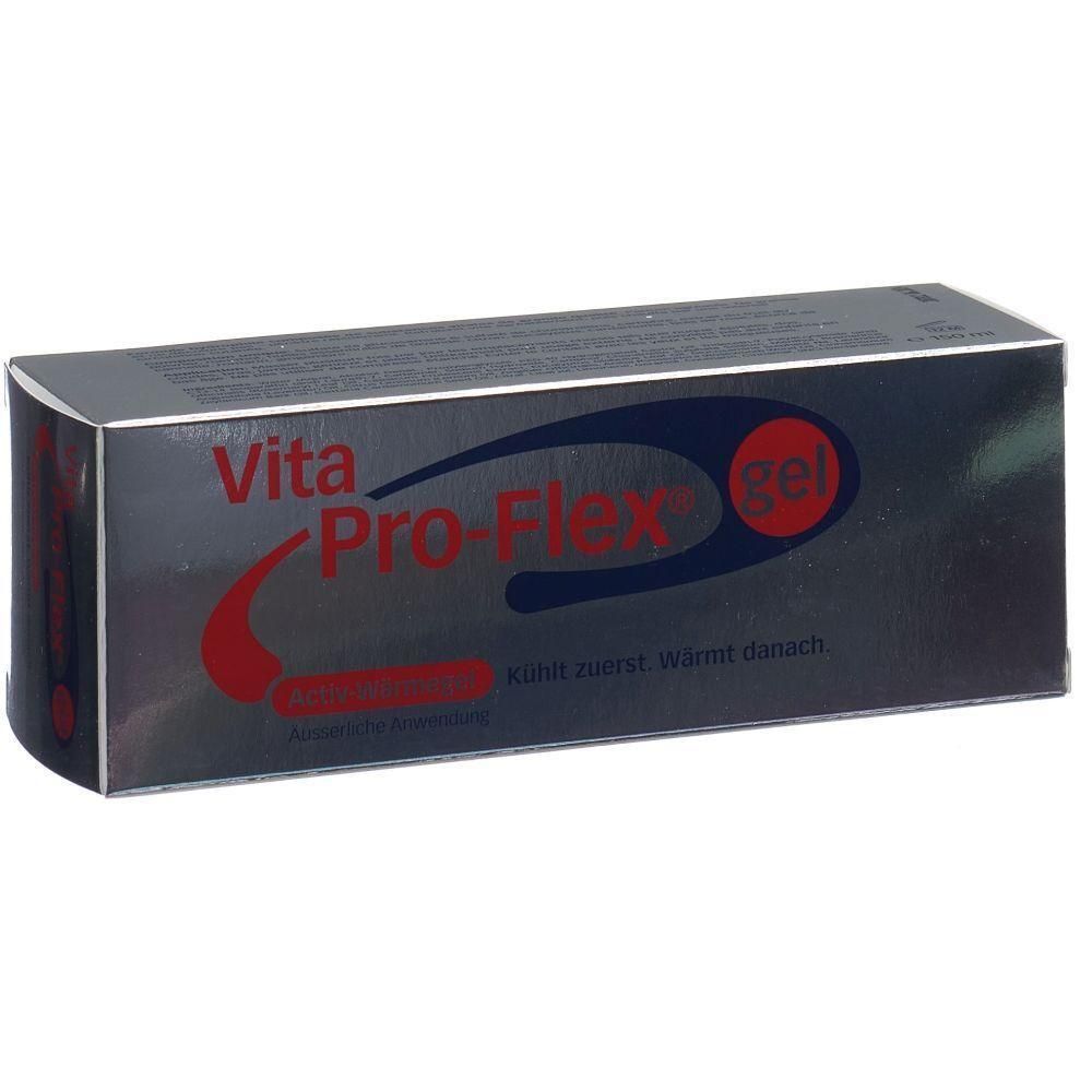 Schachtel mit Produktaufdruck Vita Pro-Flex gel. Silberne Verpackung mit roter und blauer Schrift. Text: Kühlt zuerst. Wärmt danach.