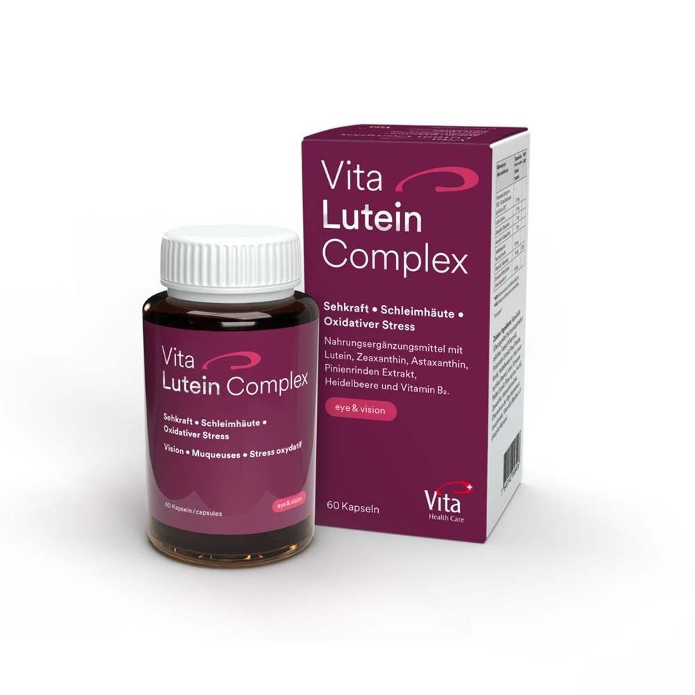 Flacon et boîte de gélules brunes. Inscription : Vita Lutein Complex. 60 gélules. Pour la vue, les muqueuses et le stress oxydatif.
