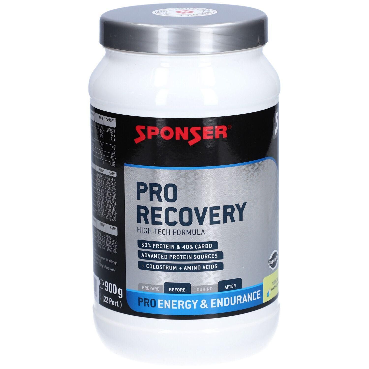 Pot de boisson SPONSER Pro Recovery blanc avec couvercle argenté. Inscription : Pro Recovery, 50% protéines, 40% glucides.