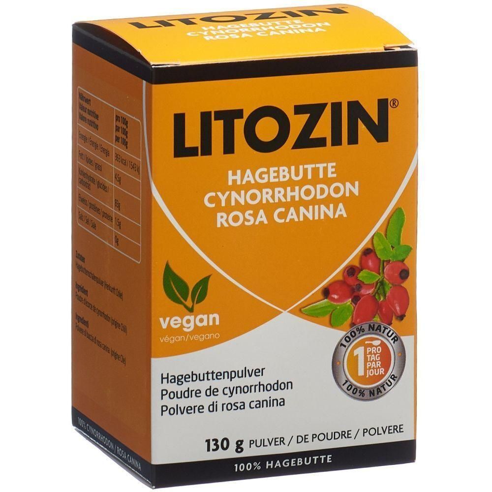 Orangefarbene Schachtel mit LITOZIN Hagebuttenpulver. Text: Hagebutte, Cynorrhodon, Rosa Canina, vegan, 130 g, 100% Natur.