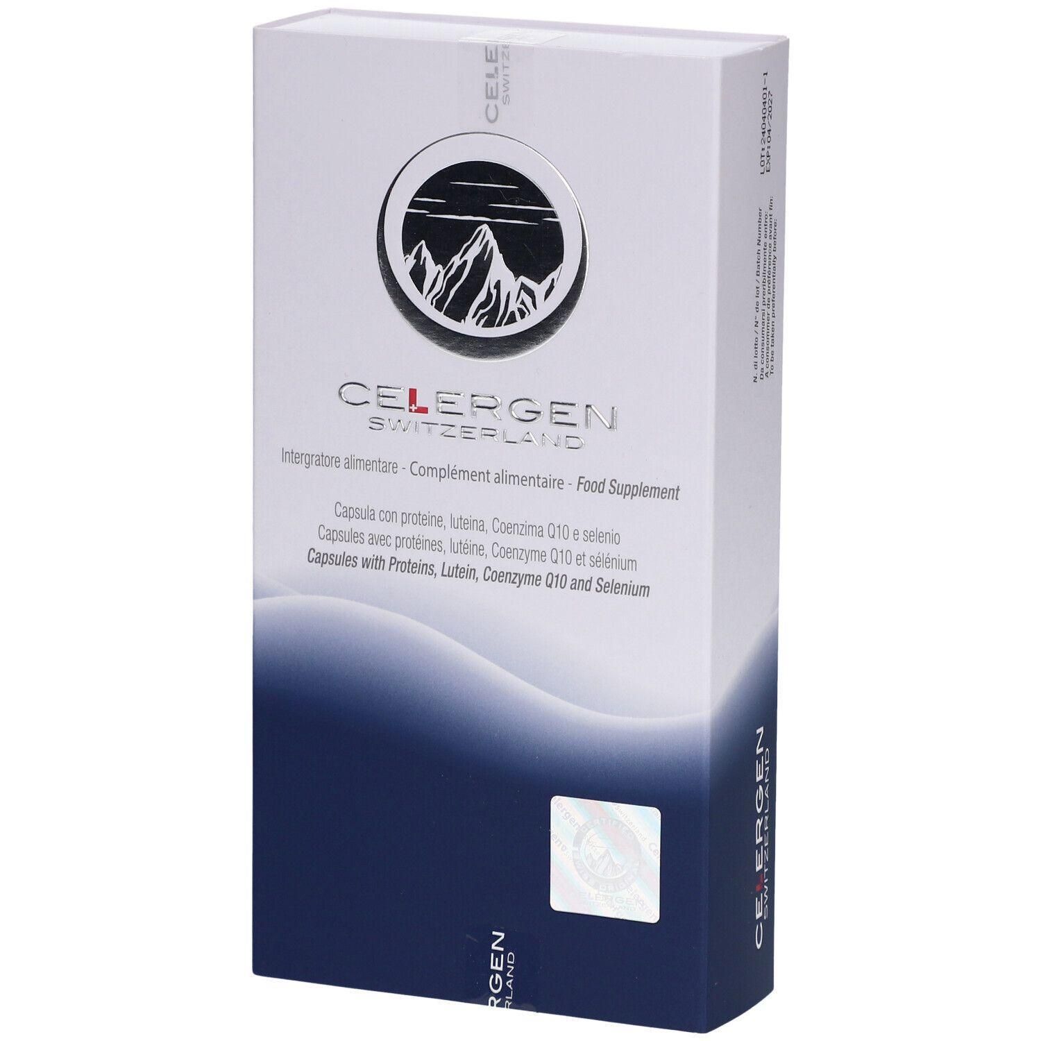 Boîte de produit blanche et bleue. Inscription CELERGEN SWITZERLAND. Contient des gélules avec protéines, lutéine, coenzyme Q10 et sélénium.