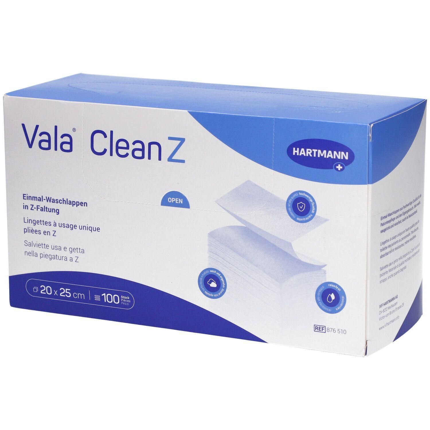 Karton mit Vala Clean Z Einmal-Waschlappen. Blaue und weiße Verpackung. Größe: 20x25 cm, 100 Stück. Marke: HARTMANN.