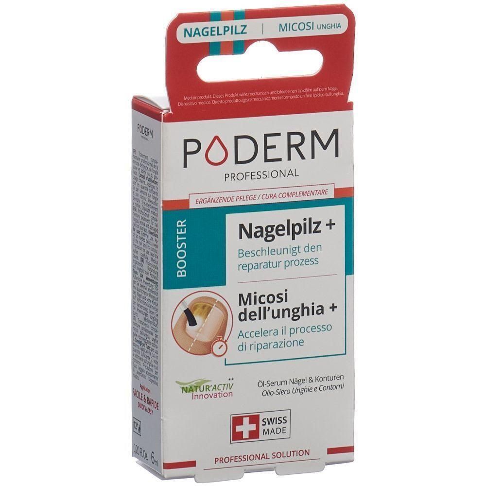 Emballage PODERM Nagelpilz+. Boîte blanche et rouge avec nom du produit et textes en allemand et italien. Swiss Made.