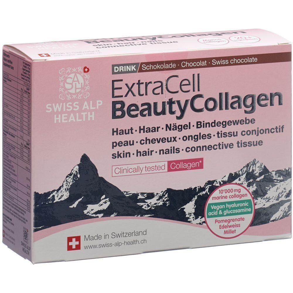 Rosa Schachtel mit "ExtraCell Beauty Collagen". Enthält Informationen zu Inhaltsstoffen und Herkunft. Schweizer Produkt.