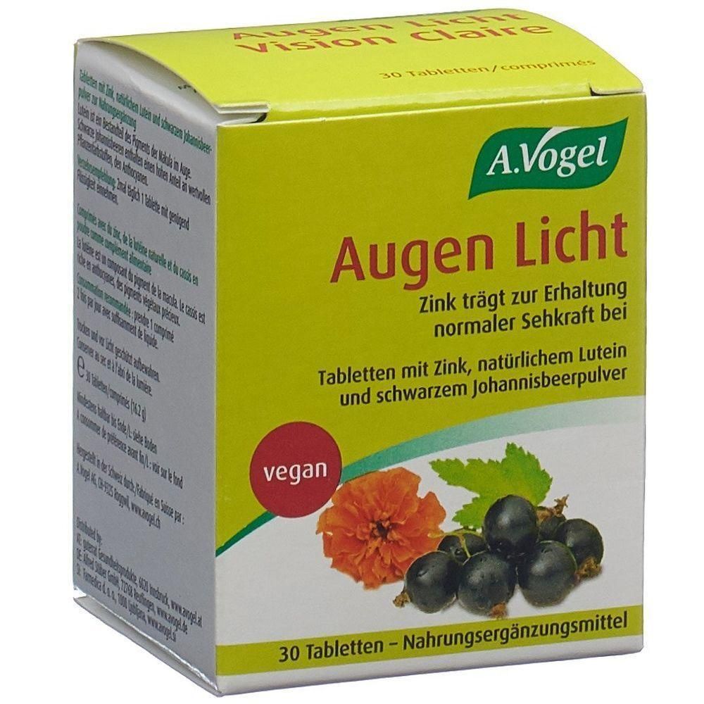 Boîte A. Vogel Augen Licht. Inscription: Zinc pour une vision normale. Contient 30 comprimés. Vegan.