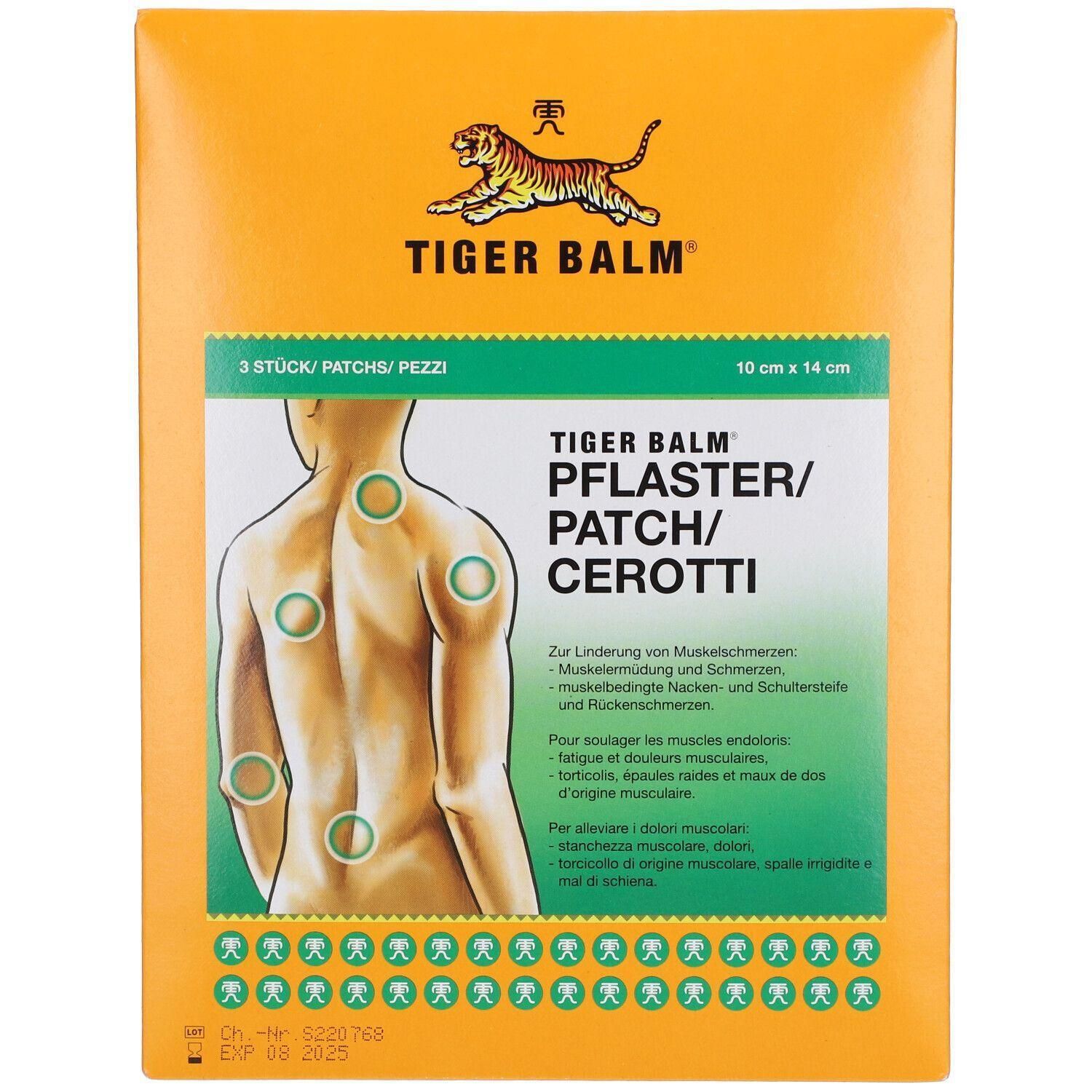 Verpackung mit Tiger Balm Pflastern. Enthält 3 Stück. Abmessungen: 10 x 14 cm. Aufdruck: Produktname, Anwendungsbereiche.