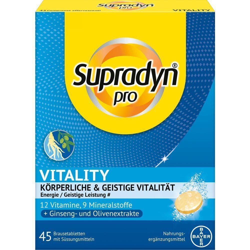 Verpackung von Supradyn pro Vitality. Gelb-blaue Schachtel mit Produktnamen und Inhaltsangaben. Eine Brausetablette ist abgebildet.