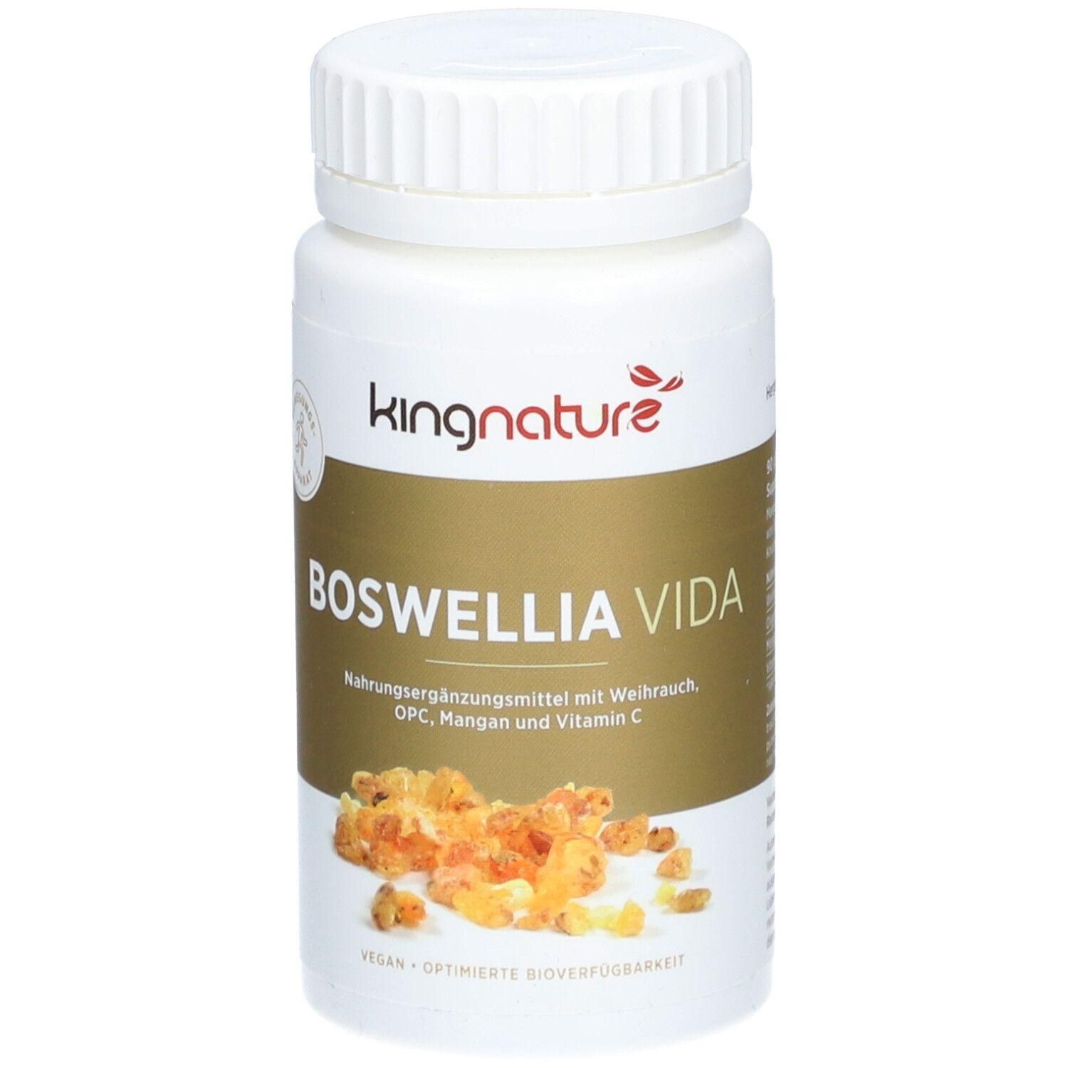 Weiße Flasche mit Schraubverschluss. Aufschrift: Kingnature Boswellia Vida. Goldfarbener Hintergrund mit Produktnamen und Inhaltsstoffen.