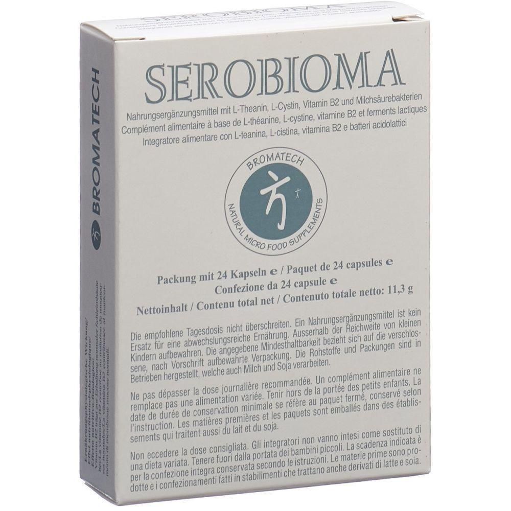 Karton mit SEROBIOMA. Enthält 24 Kapseln. Marke BROMATECH. Text in Deutsch, Französisch und Italienisch. Naturprodukt.