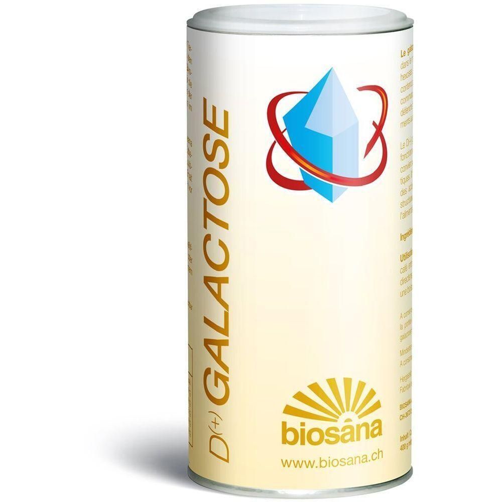 Boîte cylindrique avec indication D(+) Galactose. Logo et texte biosana.ch visibles.