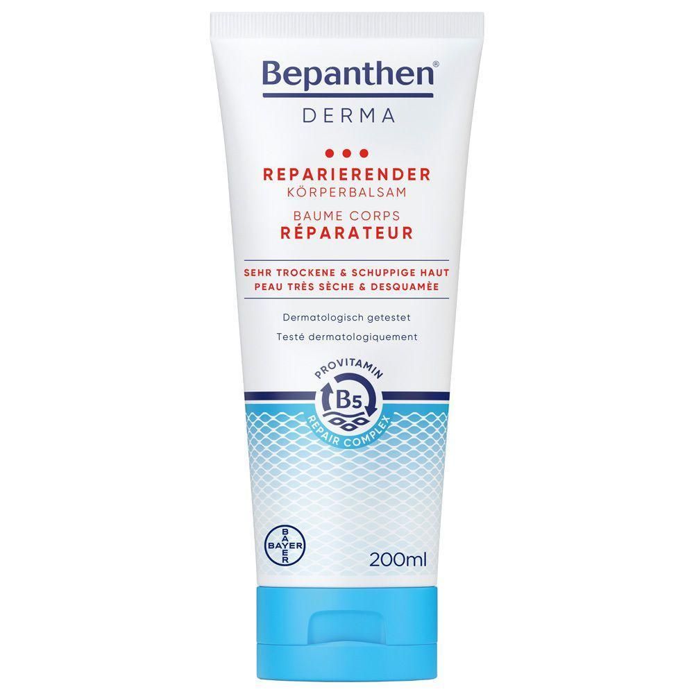 Weiße Tube mit blauem Verschluss. Aufschrift: Bepanthen Derma, Reparierender Körperbalsam. Enthält Provitamin B5. 200ml.