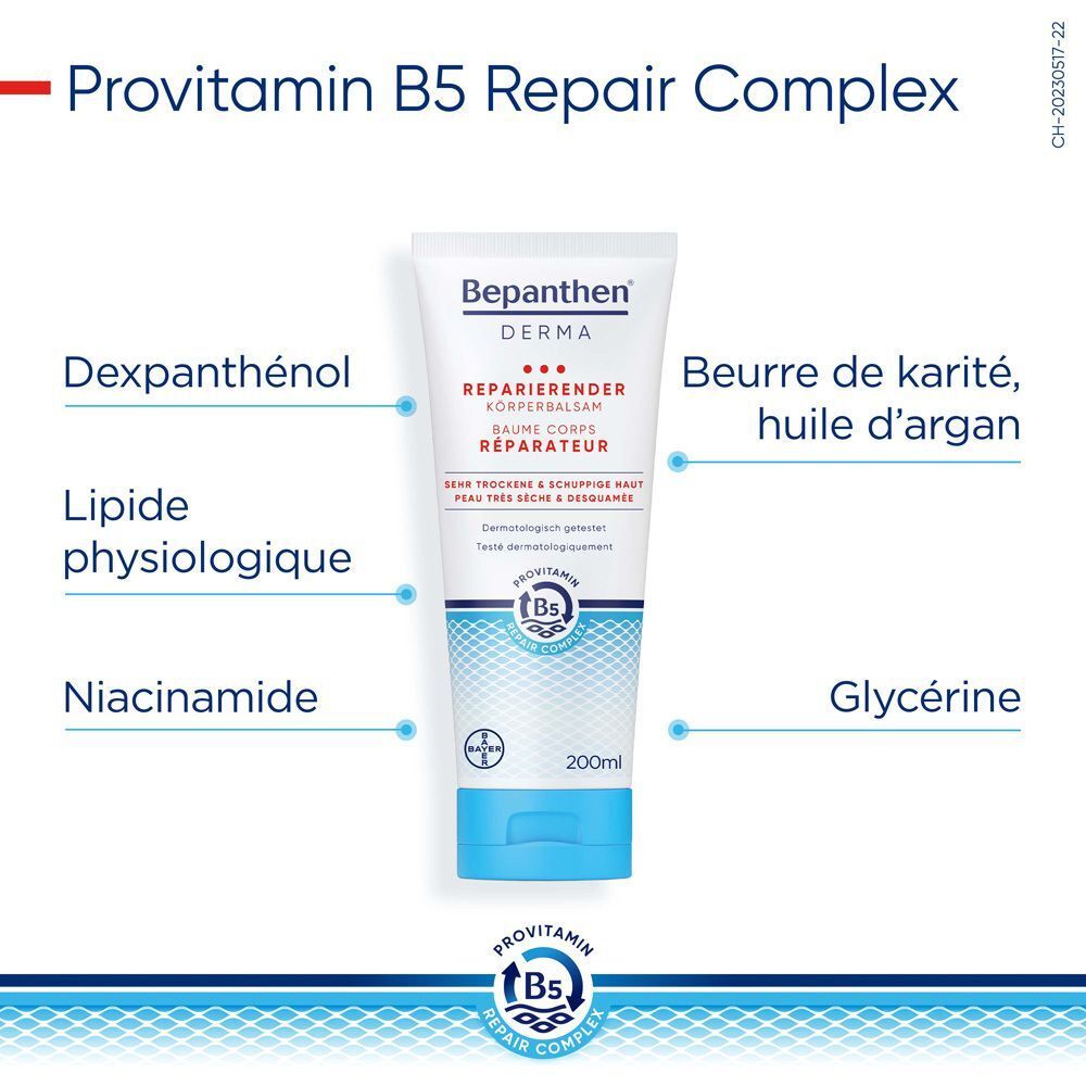 Produkt-Tube mit Inhaltsstoff-Illustrationen. Beschriftungen: Dexpanthenol, Physiologisches Lipid, Niacinamid, Sheabutter, Arganöl, Glycerin.