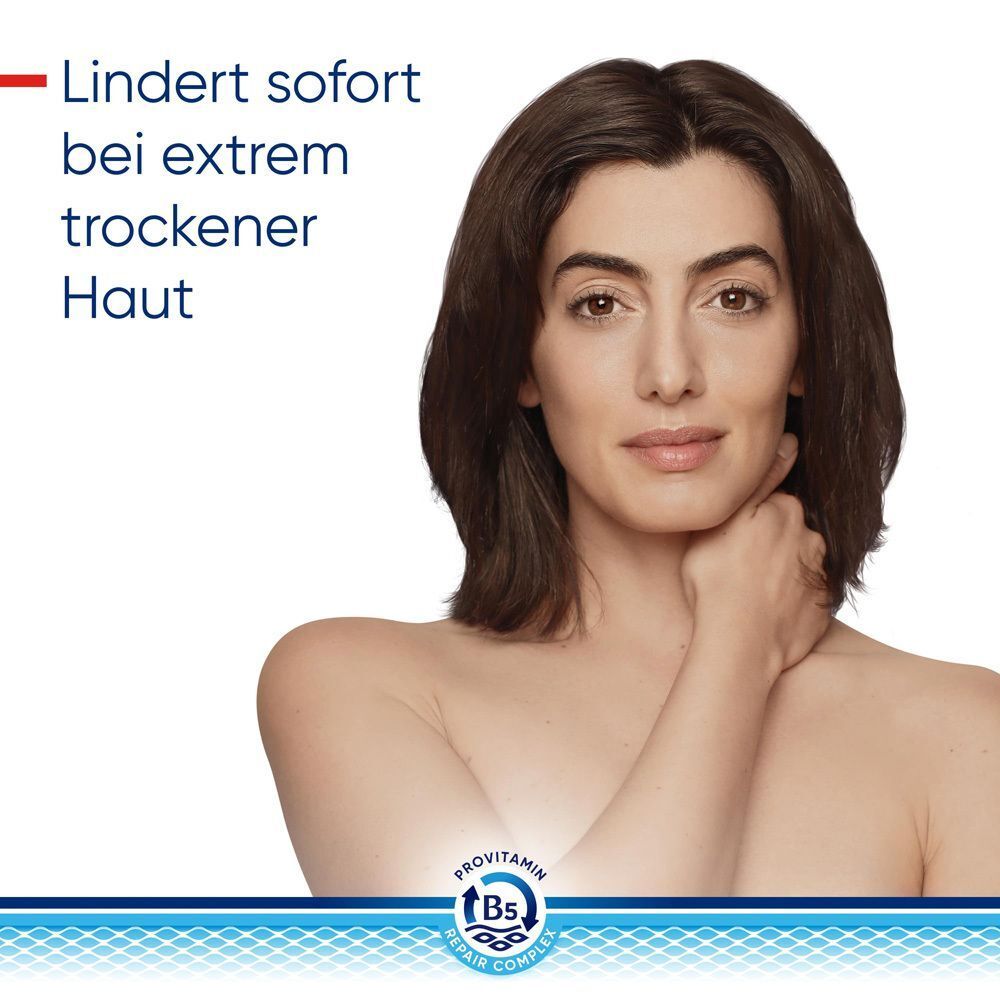 Porträt einer Frau, die ihren Hals berührt. Text: Lindert sofort bei extrem trockener Haut. Logo: Provitamin B5 Repair Complex.