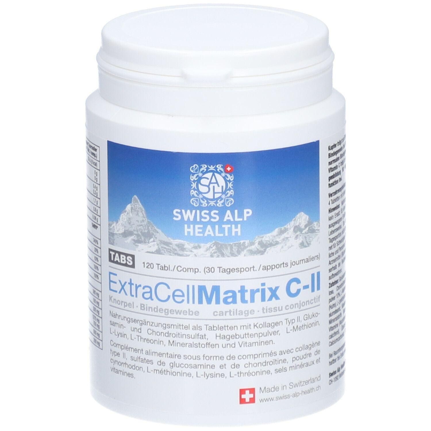 Weiße Tabletten-Dose mit blauem Etikett. Aufschrift: Swiss Alp Health, ExtraCellMatrix C-II. Enthält 120 Tabletten. Hergestellt in der Schweiz.