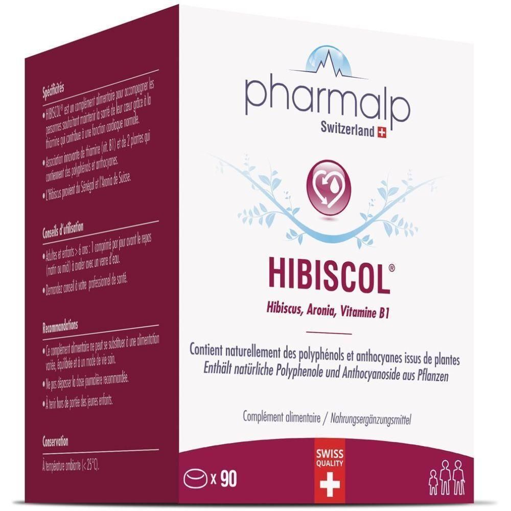 Verpackung von PHARMALP Hibiscol. Weißer Karton mit roter Seite. Enthält 90 Tabletten. Aufschrift: Hibiscol, Hibiskus, Aronia, Vitamin B1. Swiss Quality.