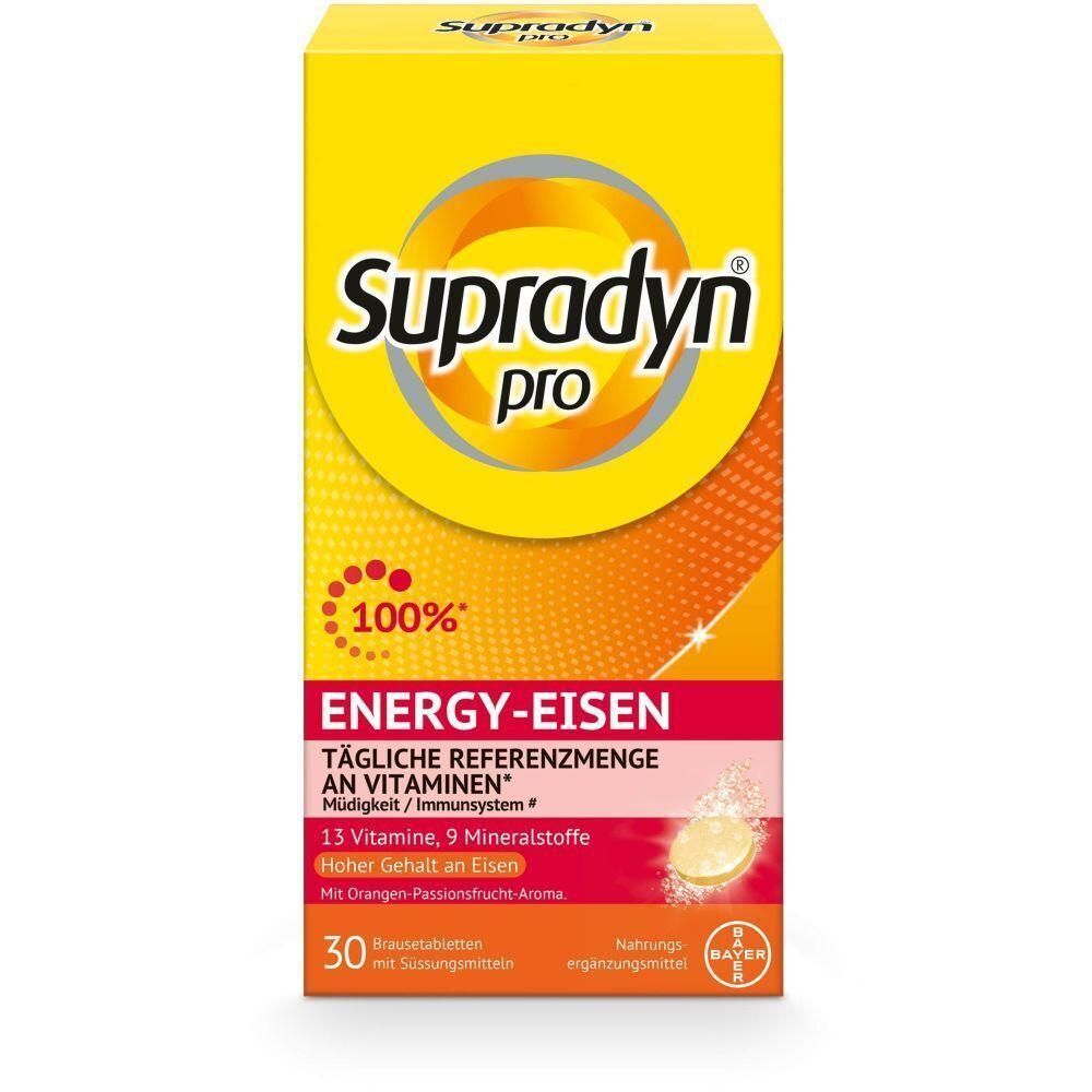 Boîte jaune Supradyn pro Energy-Eisen. Texte: 13 vitamines, 9 minéraux. 30 comprimés effervescents. Logo Bayer.