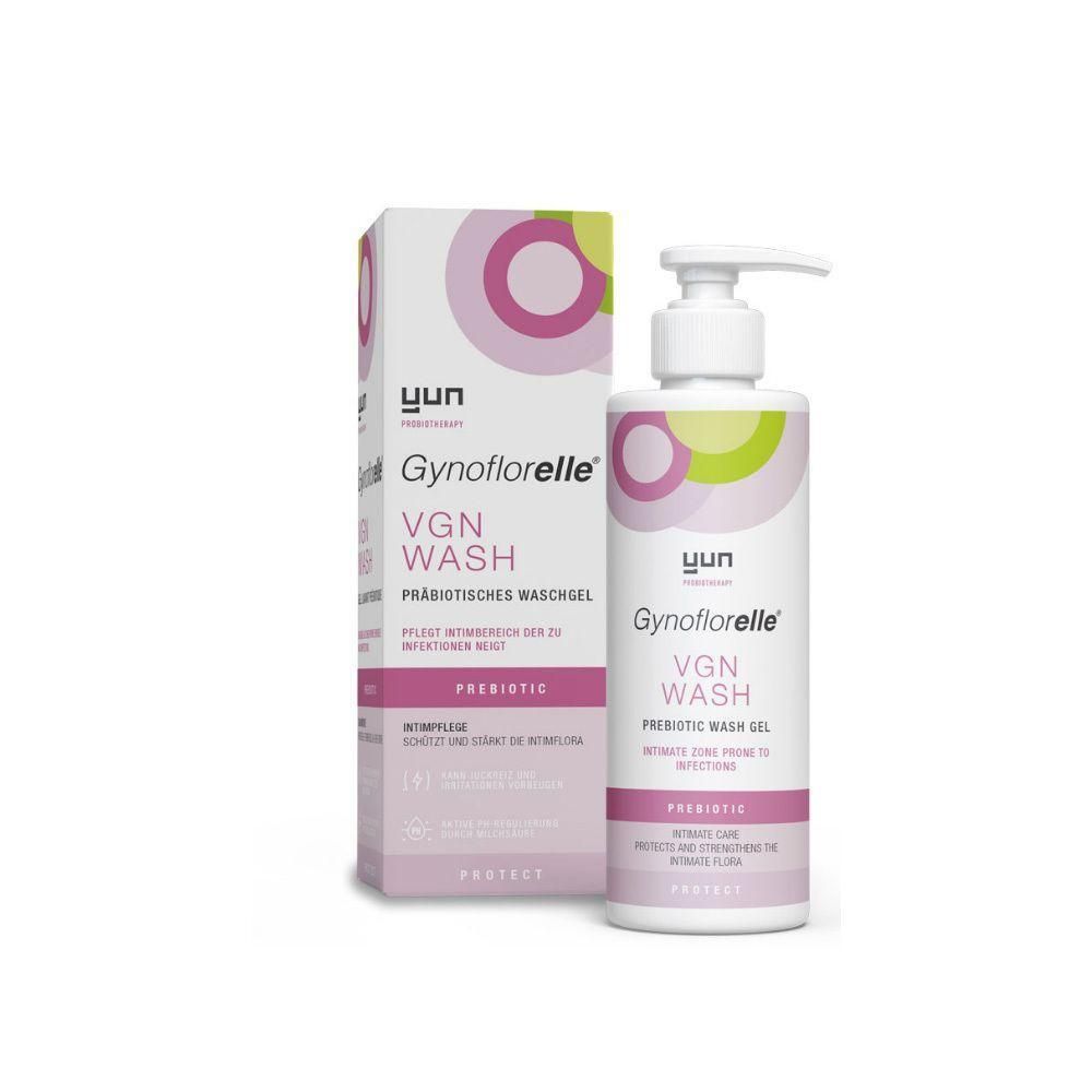 Flasche und Karton mit Produktaufdruck. Aufschrift: Gynoflorelle VGN Wash, präbiotisches Waschgel. Mit Spender.