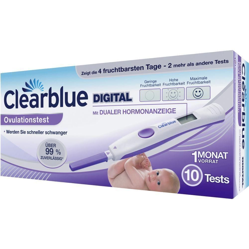 Verpackung von Clearblue Ovulationstest Digital. Enthält 10 Tests. Zeigt die 4 fruchtbarsten Tage an. Mit digitaler Anzeige und Hormonanzeige.