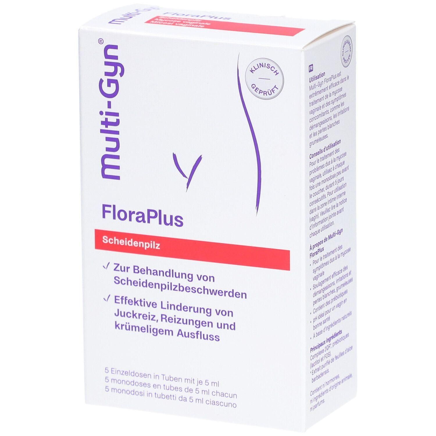 Weiße Faltschachtel mit Produktnamen Multi-Gyn FloraPlus. Aufschrift: Scheidenpilz. Enthält 5 Einzeldosen. Klinisch geprüft.
