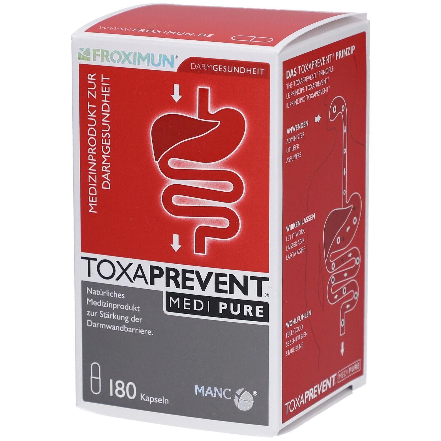 Verpackung von TOXAPREVENT MEDI PURE. Rote und weiße Schachtel mit Produktnamen, Logo und Abbildung des Verdauungstrakts. 180 Kapseln.
