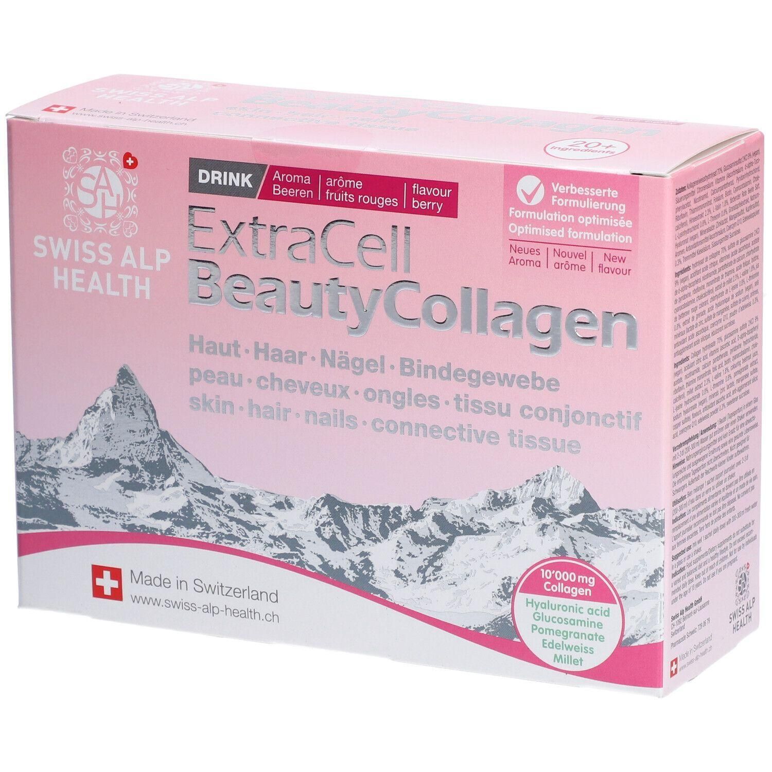 Rosa Schachtel mit Produktbezeichnung ExtraCell Beauty Collagen. Enthält Informationen zu Inhaltsstoffen und Herkunft Schweiz.