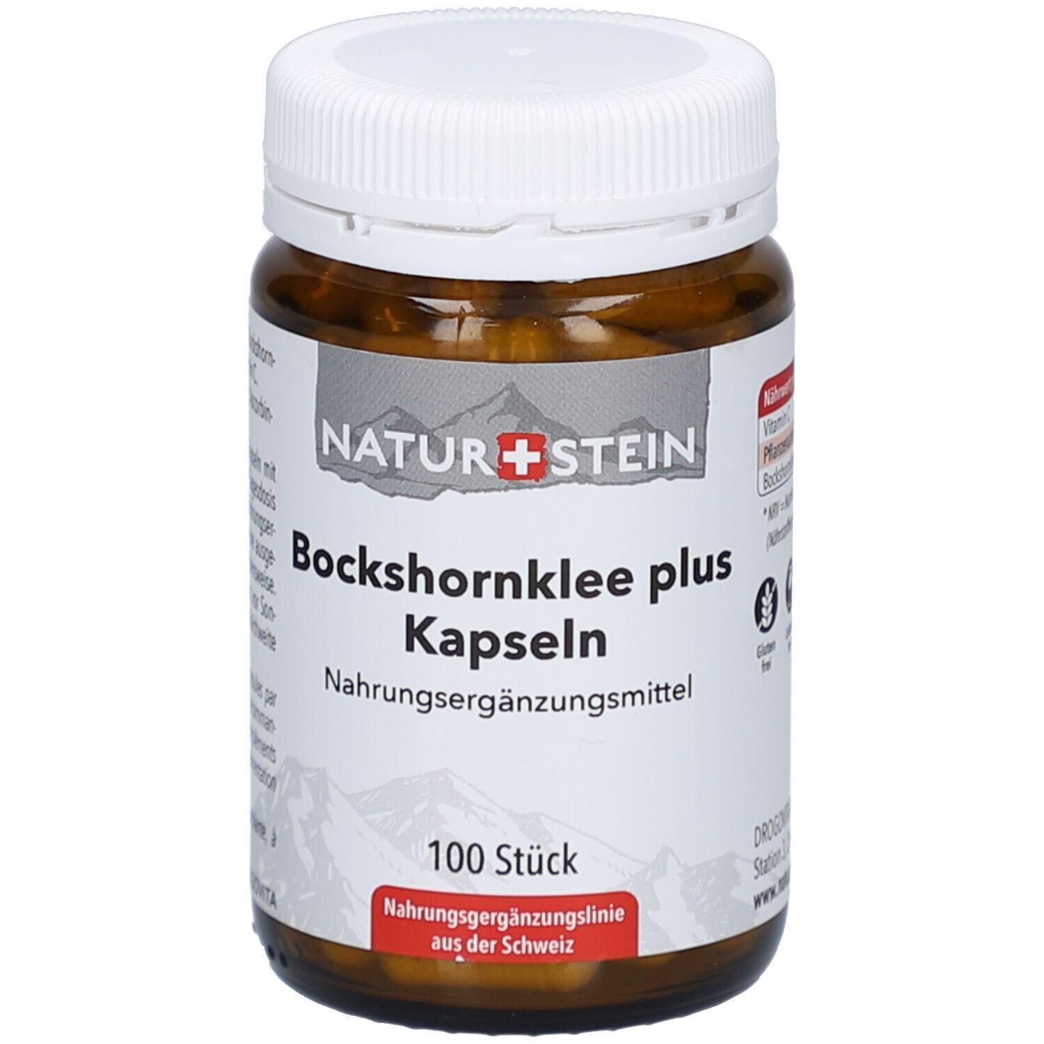 Braune Glasflasche mit weißen Deckel. Aufkleber mit Produktbezeichnung: Bockshornklee plus Kapseln. 100 Stück. Marke: NATUR+STEIN.