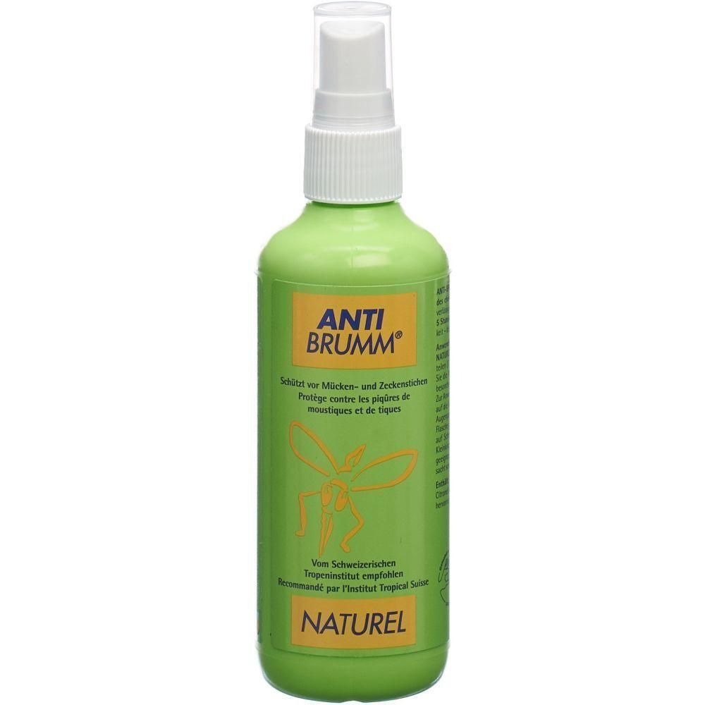 Grüne Sprühflasche mit weißem Sprühkopf. Aufschrift ANTI BRUMM® NATUREL. Enthält Text in Deutsch und Französisch.
