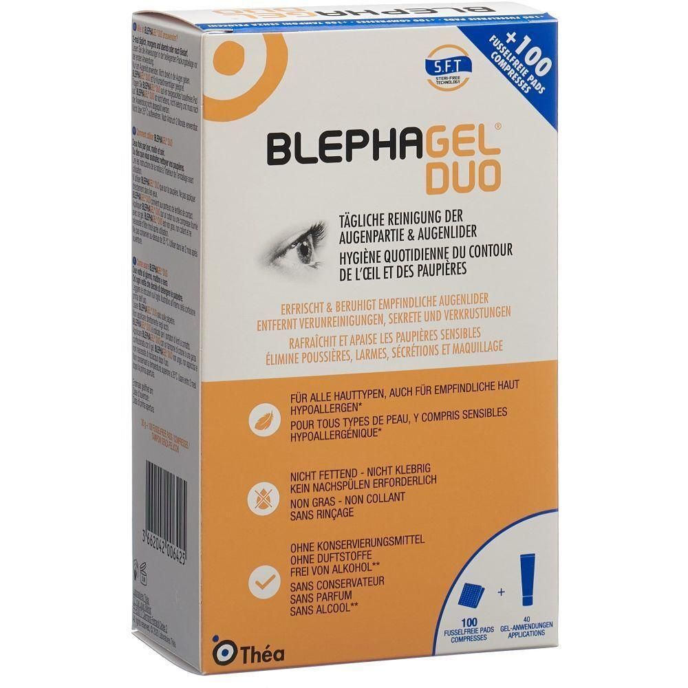 Boîte de BLEPHAGEL DUO. Contient 100 compresses non pelucheuses. Texte: Hygiène quotidienne du contour de l'œil et des paupières.