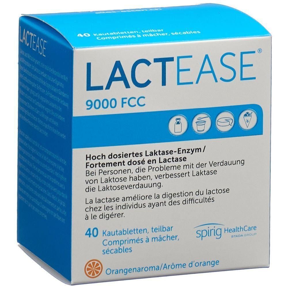 Blau-weiße Schachtel mit "LACTEASE 9000 FCC"-Schriftzug. Enthält 40 teilbare Kautabletten. Orangenaroma. Spirig HealthCare.