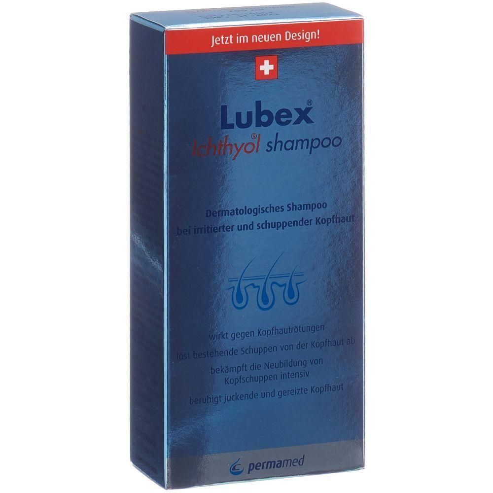 Blau-weiße Schachtel mit rotem Streifen. Oben steht "Lubex ichthyol shampoo". Text: Dermatologisches Shampoo für irritierte Kopfhaut. Schweizer Kreuz.