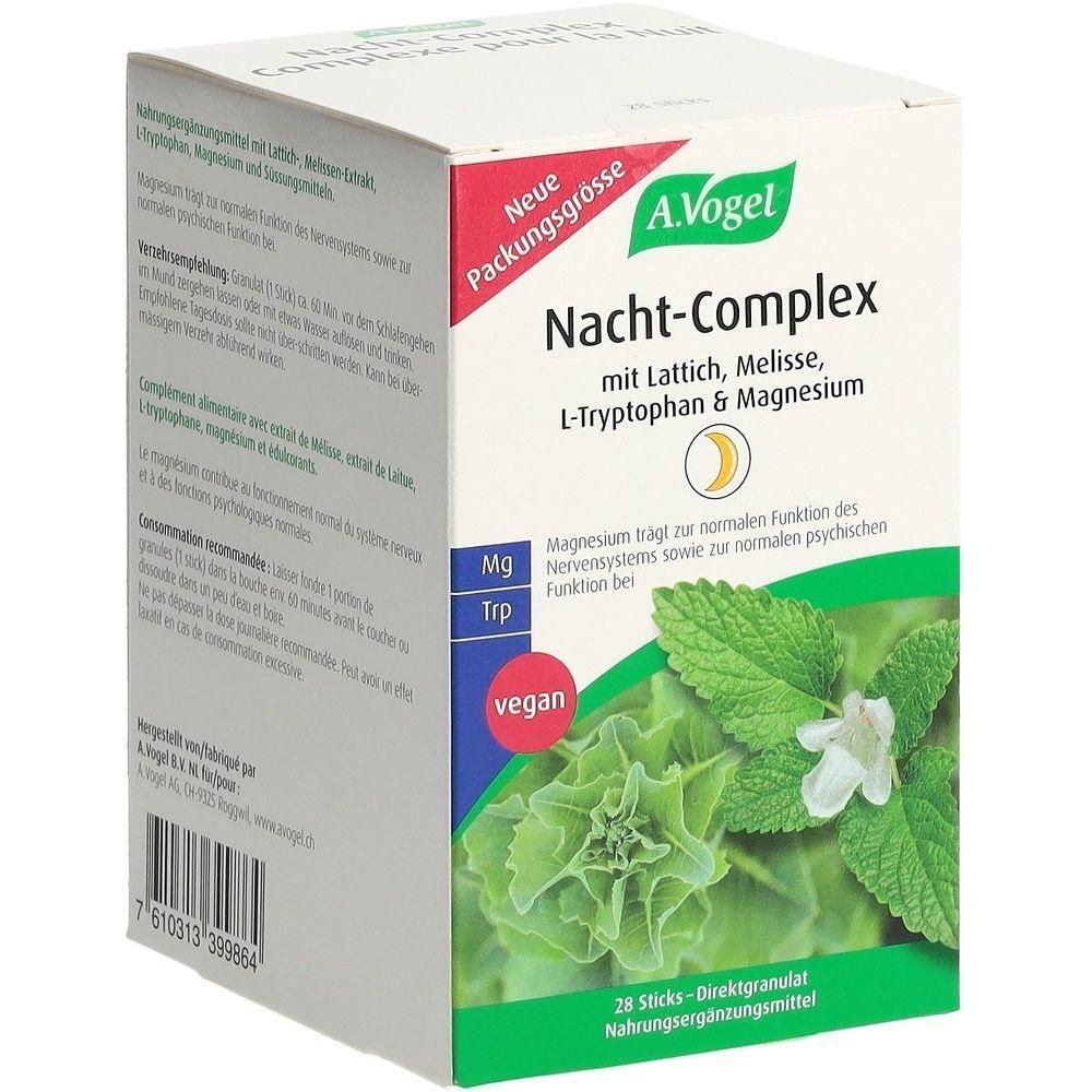 Weißer Karton mit A. Vogel Nacht-Complex. Enthält Lattich, Melisse, L-Tryptophan & Magnesium. Vegan. 28 Sticks. Direktgranulat.