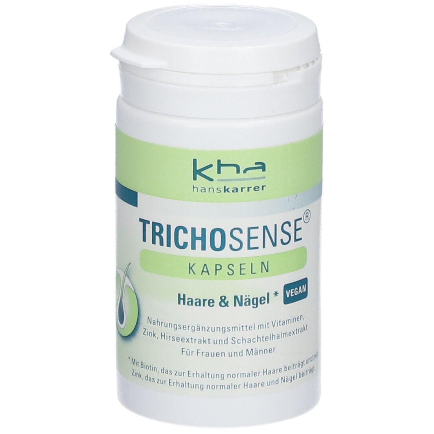 Weiße Dose mit grünem Etikett. Aufschrift: TRICHOSENSE® Kapseln, Haare & Nägel, vegan. Marke: Hans Karrer.